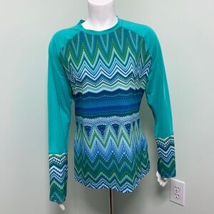 PrAna green geometric long sleeve mesh workout shirt size large